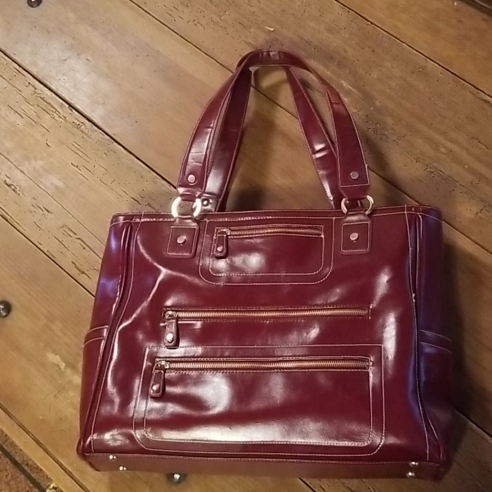East 5th red briefcase with off white stitching